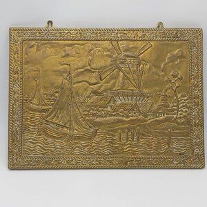 Embossed Brass Wall Hanging-Sailboat -Windmill-Holland Scene- 16"x11.5" Vintage
